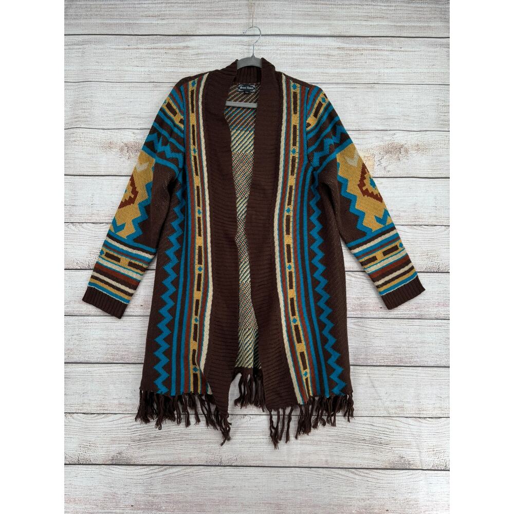 Steel Roses Southwest Aztec Open Front Cardigan Sweater‎ Womens Large Brown Blue